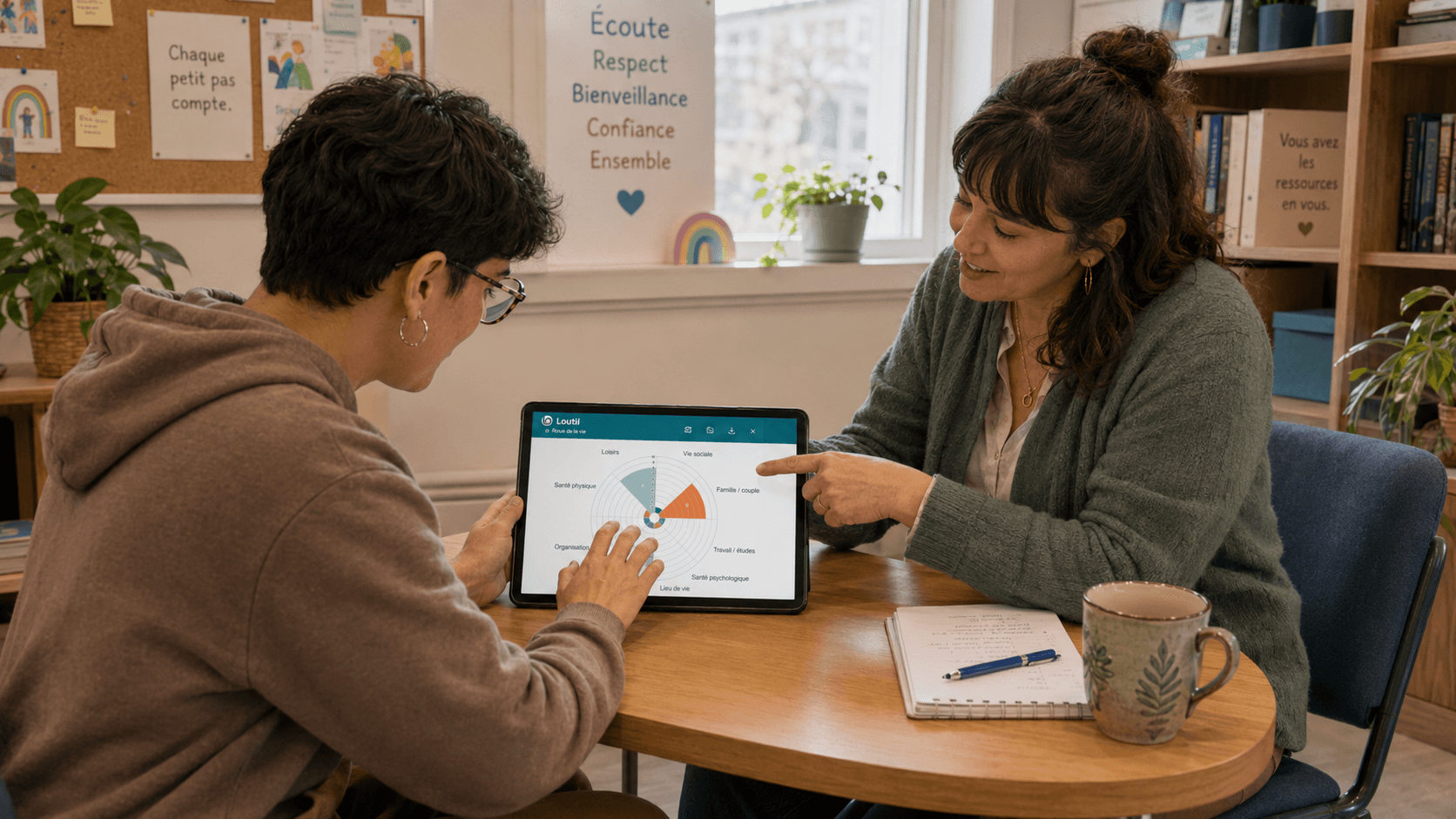 Intervenante utilisant Loutil sur une tablette avec une cliente
